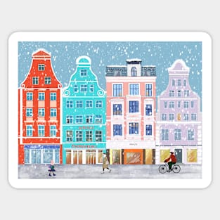 Winter City with Colorful Vintage Houses in the snow Sticker